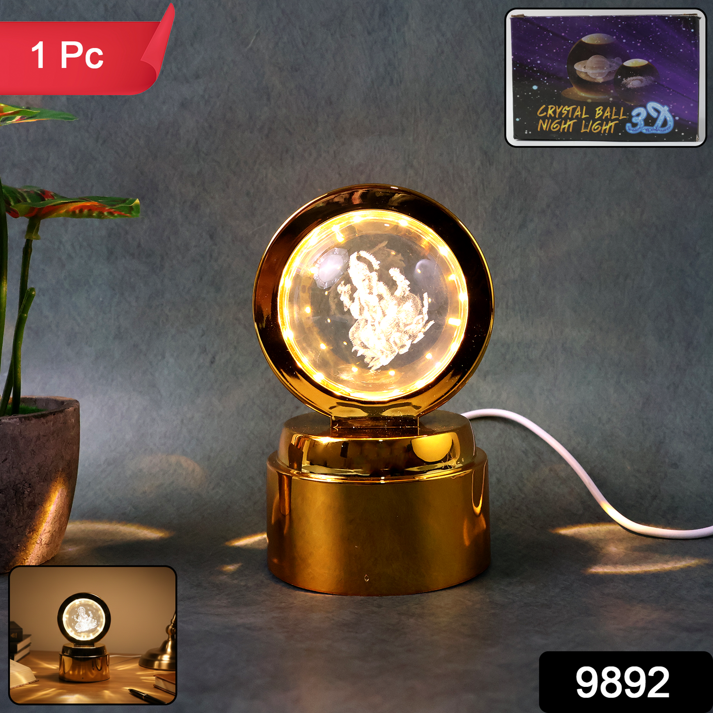 Wukusy Ganpati Bapa 3D crystal ball night light with LED illumination, designed for office decor, showcasing intricate design and glowing light.