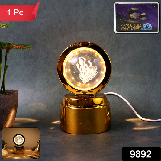 Wukusy Ganpati Bapa 3D crystal ball night light with LED illumination, designed for office decor, showcasing intricate design and glowing light.