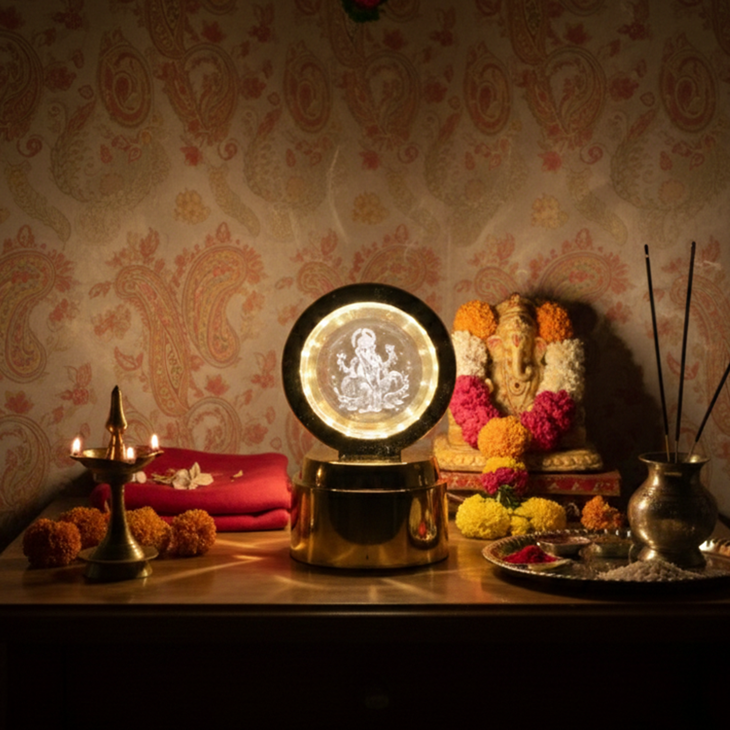 Wukusy Ganpati Bapa 3D crystal ball night light with LED illumination, ideal for office decor and spiritual ambiance.