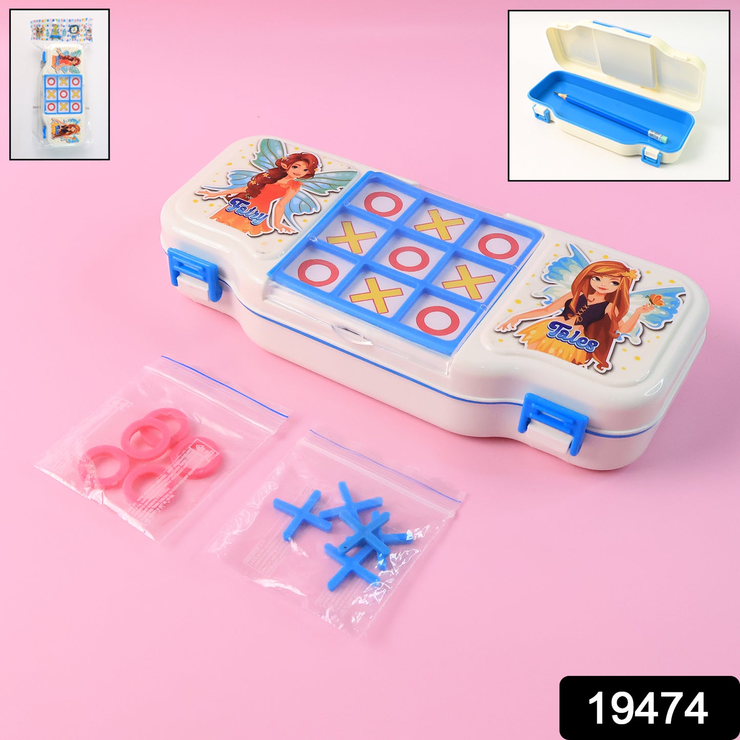 Wukusy kids pencil box with built-in tic tac toe game, colorful plastic office organizer for children with game compartment