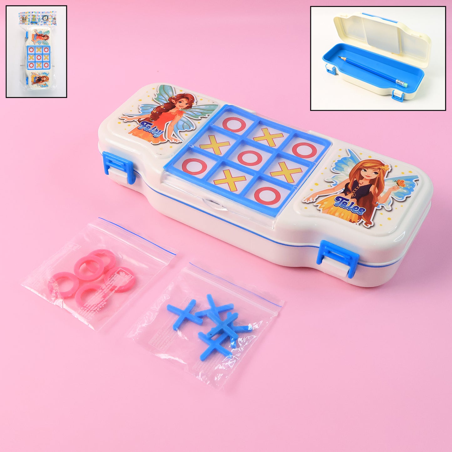 Wukusy kids pencil box with built-in Tic Tac Toe game, colorful plastic storage case for school supplies and fun play.
