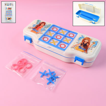 Wukusy kids pencil box with built-in Tic Tac Toe game, colorful plastic storage case for school supplies and fun play.