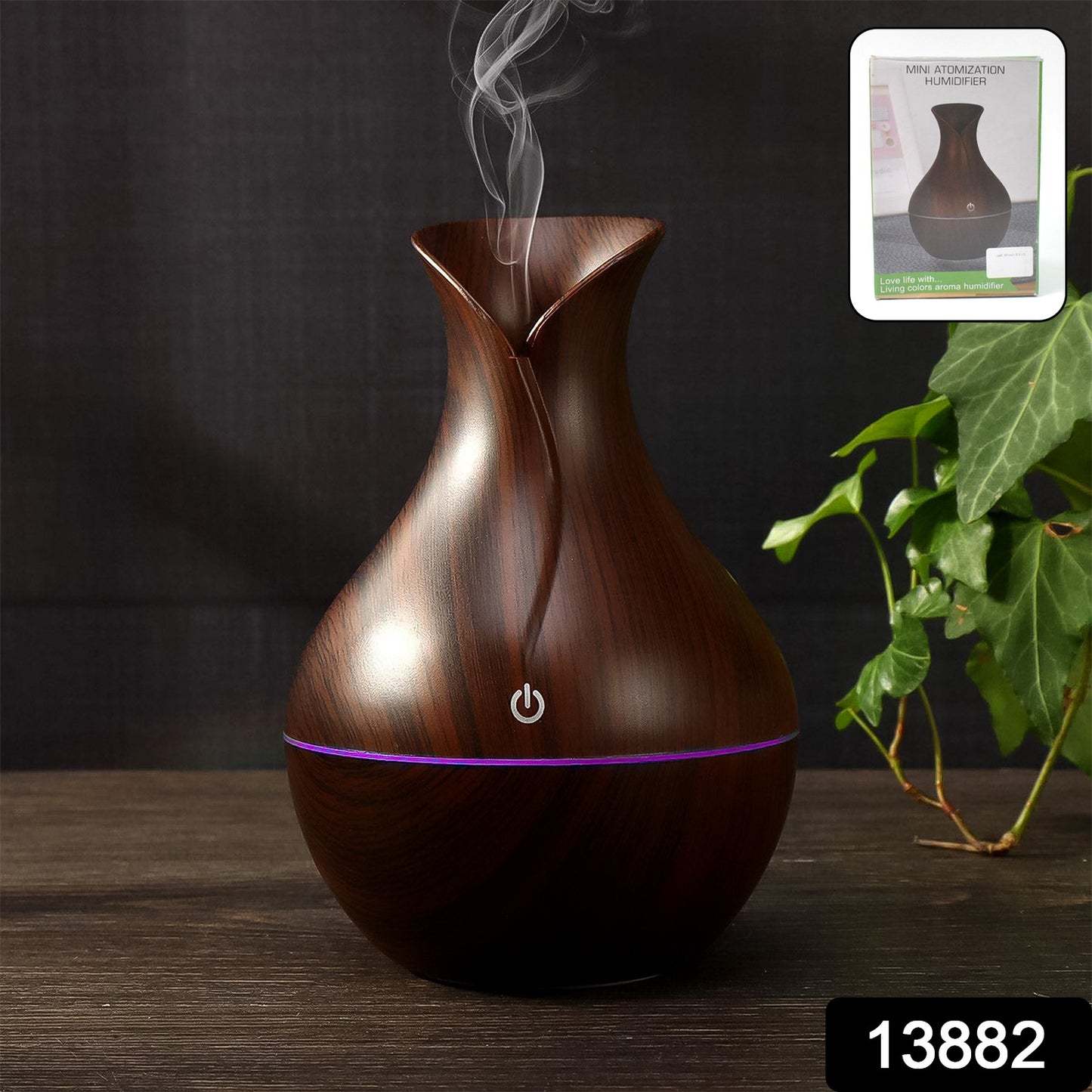 Wukusy Mini Wooden Vase Pot Diffuser humidifier with cool mist atomization, 130ml capacity, ideal for office use.