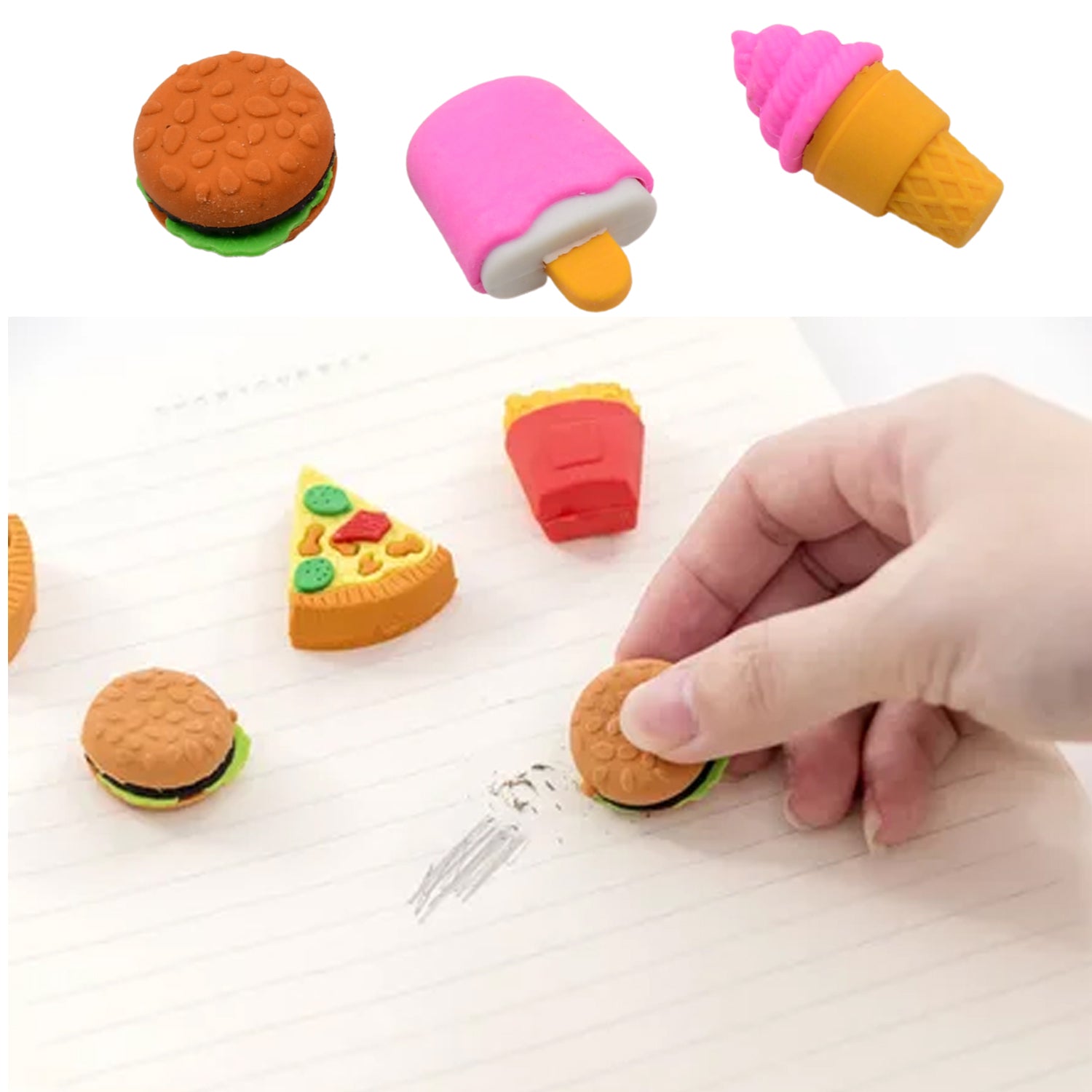 Set of three colorful, stylish Wukusy office erasers with mix design, perfect for school and office use.