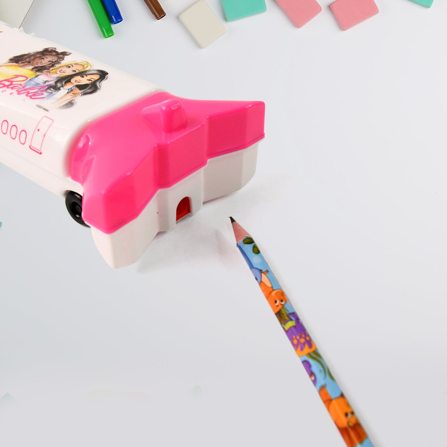 Wukusy airplane-shaped office compass box with LED light and built-in sharpener, featuring a compact, multifunctional design.