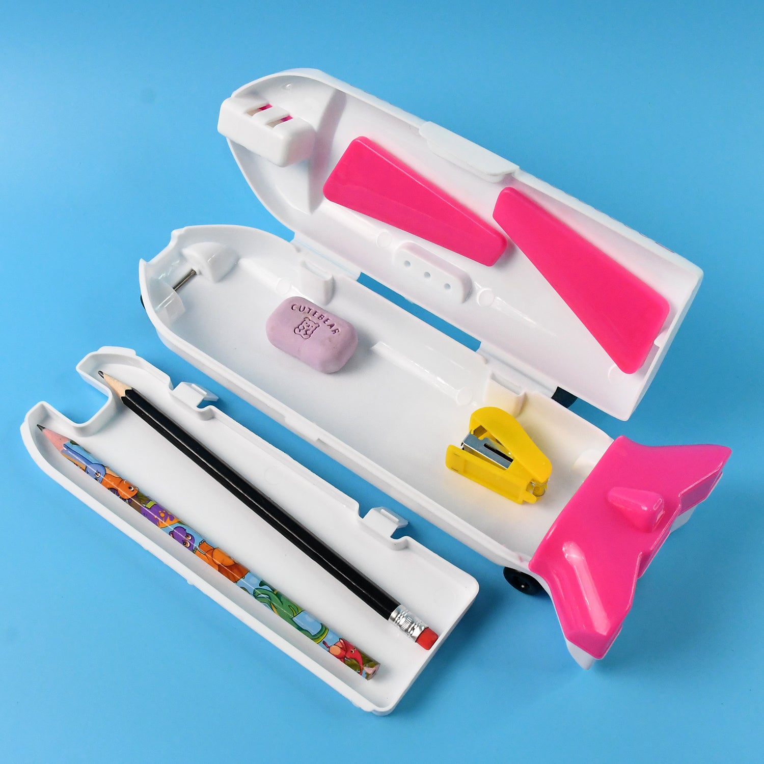 Wukusy office airplane-shaped compass box with LED light and built-in sharpener, designed for organizing stationery.