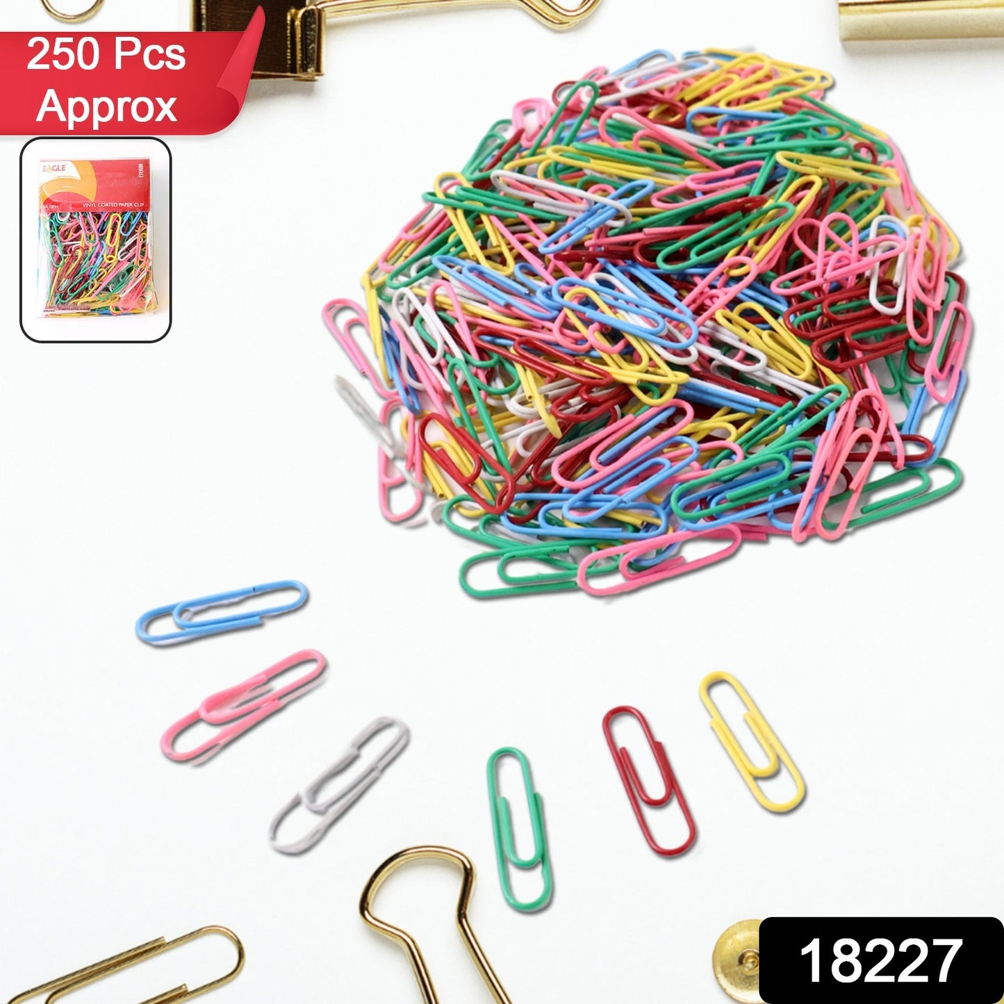 Set of approximately 250 multicolor-coated office paper clips by Wukusy, arranged in a pile on a white background.