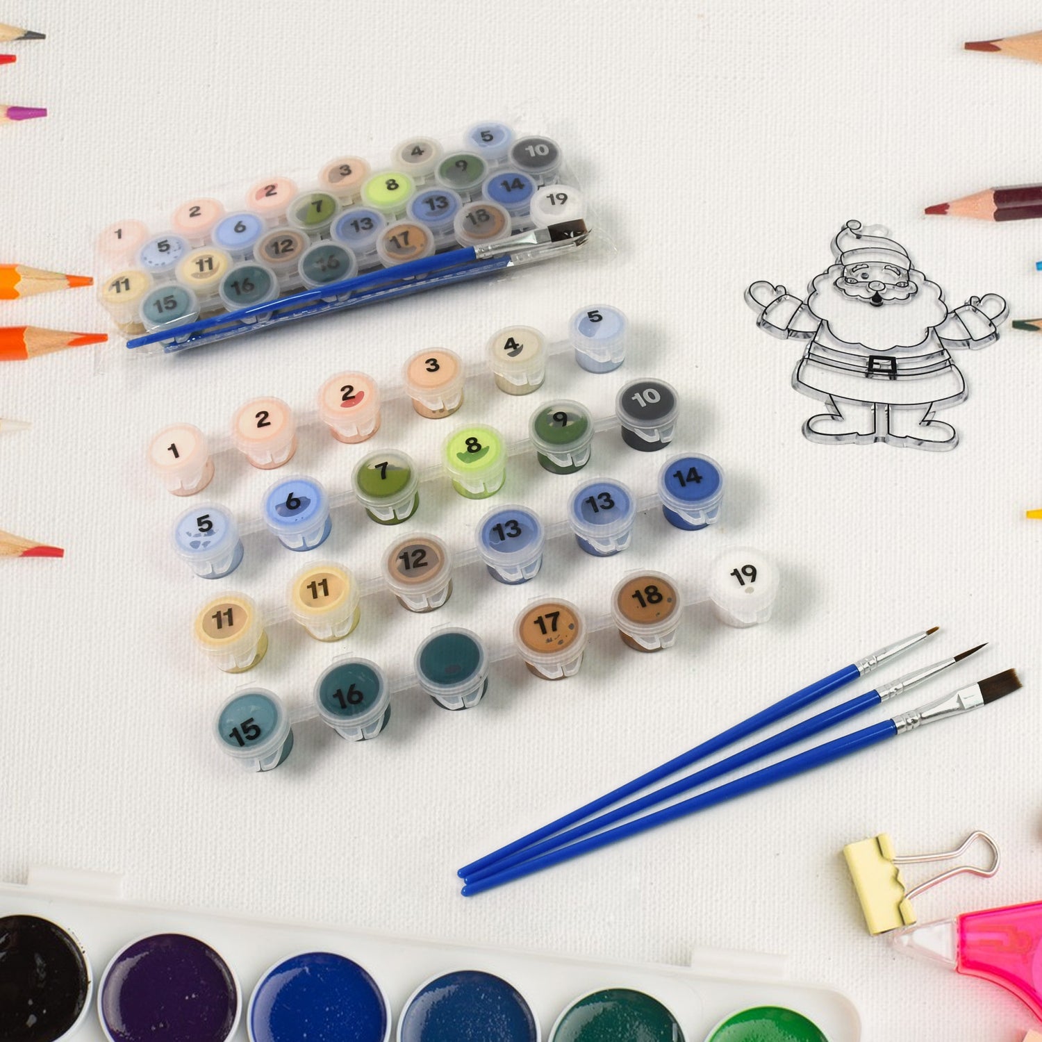 Wukusy Paint By Number Kits 2 set with 19 color numbers, 6 paint brushes, designed for office use, featuring colorful paint palettes.