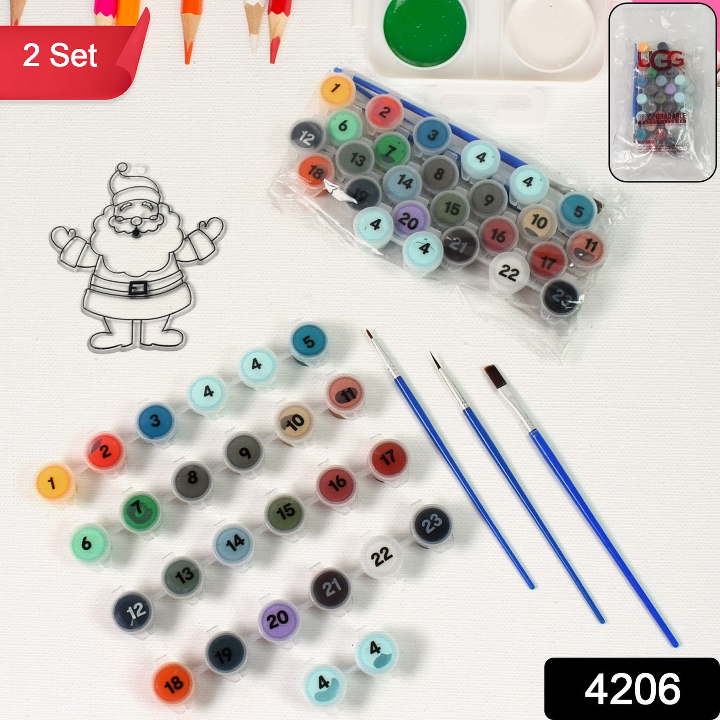 Wukusy Paint By Number Kits, 2 sets with 24 color-coded sections and 6 paint brushes, designed for office or craft projects.