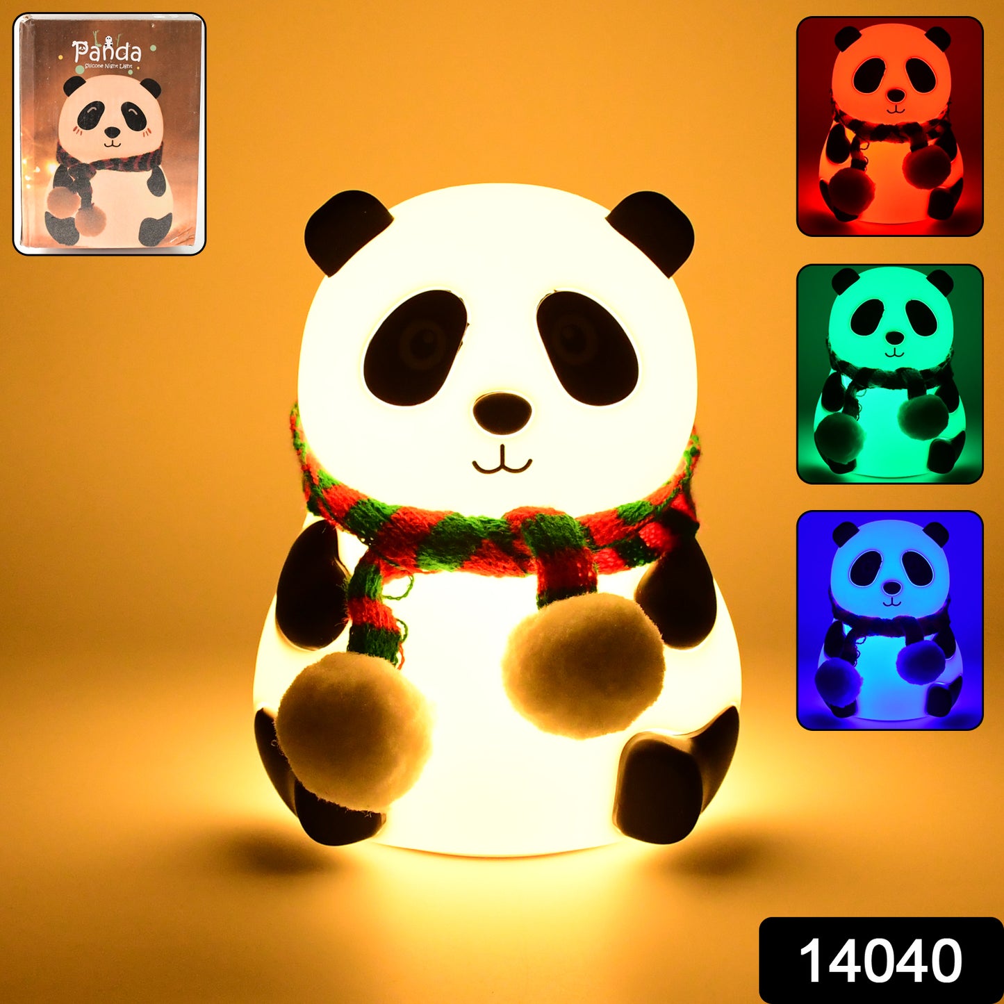 Wukusy Panda 7-color LED silicone touch lamp on office desk, colorful ambient lighting, portable and decorative for workspace.