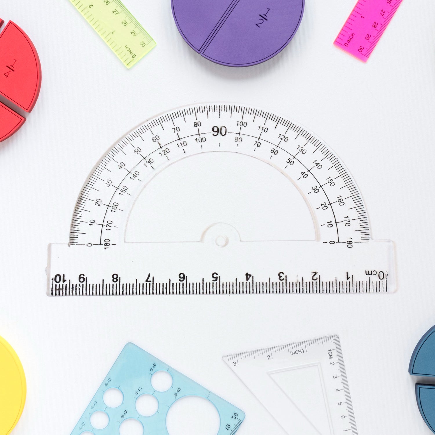 Wukusy plastic geometry set with triangle ruler, protractor, and straight rulers, ideal for office and school use.
