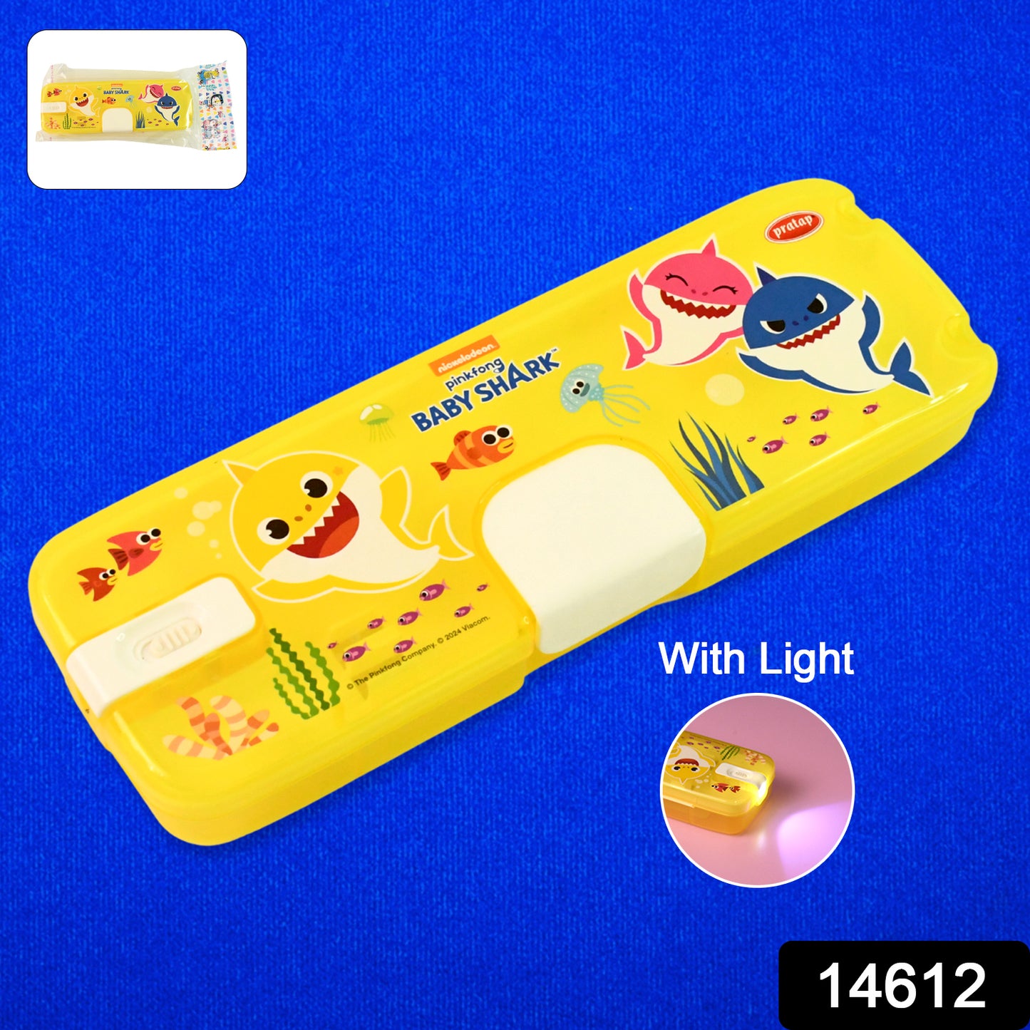 Wukusy plastic pencil box with LED light featuring colorful cartoon print, ideal for school and office use