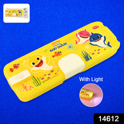 Wukusy plastic pencil box with LED light featuring colorful cartoon print, ideal for school and office use