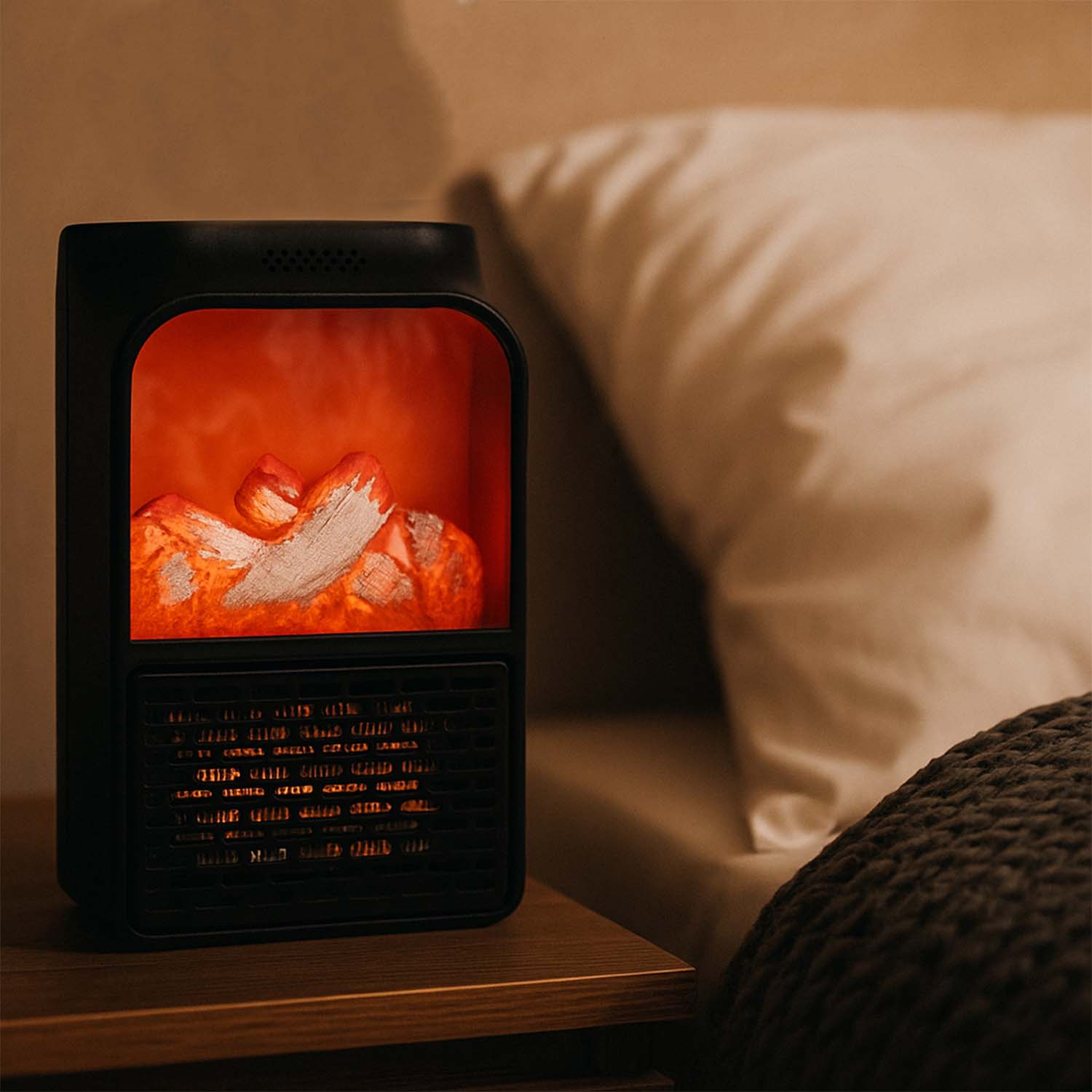 Wukusy portable electric fireplace lamp with LED flame, 900W heater, designed for office use, showing warm glow and compact design.