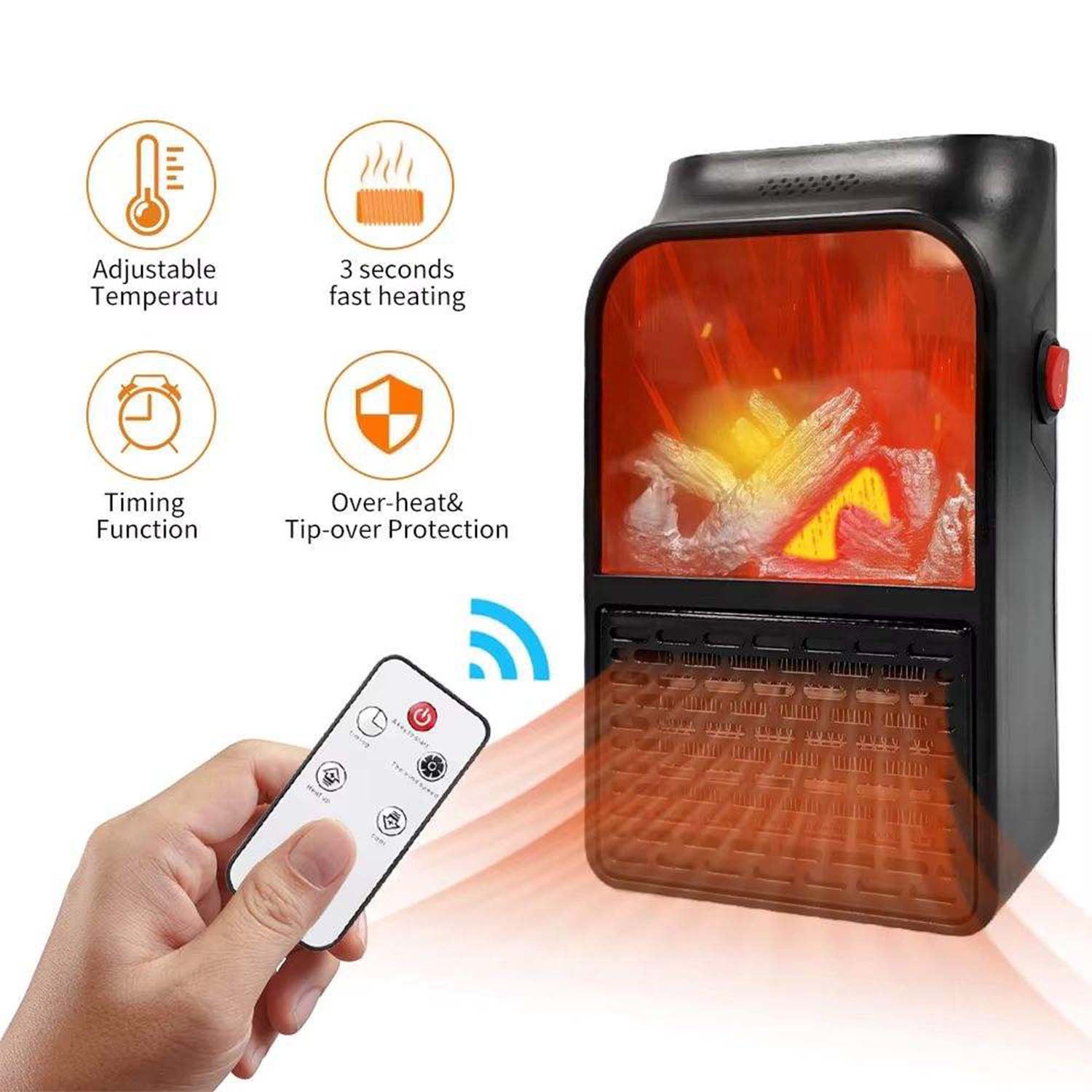 Wukusy portable electric fireplace lamp with LED flame and 900W heater, designed for office use, compact and easy to move.