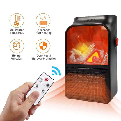 Wukusy portable electric fireplace lamp with LED flame and 900W heater, designed for office use, compact and easy to move.