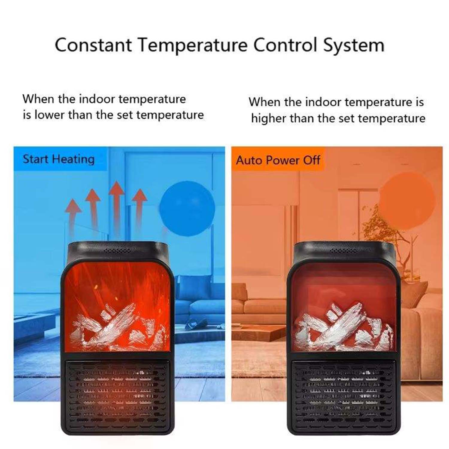 Wukusy portable electric fireplace lamp with LED flame effect and 900W heater for office use, compact and easy to move.