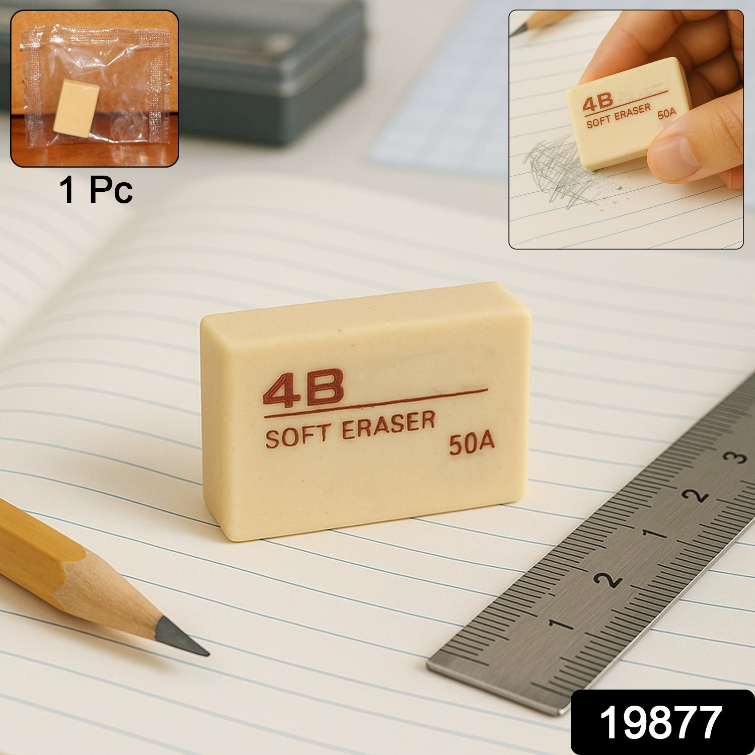 Wukusy Premium 4B Soft Eraser for office use, showing a white rubber eraser on a clean surface.