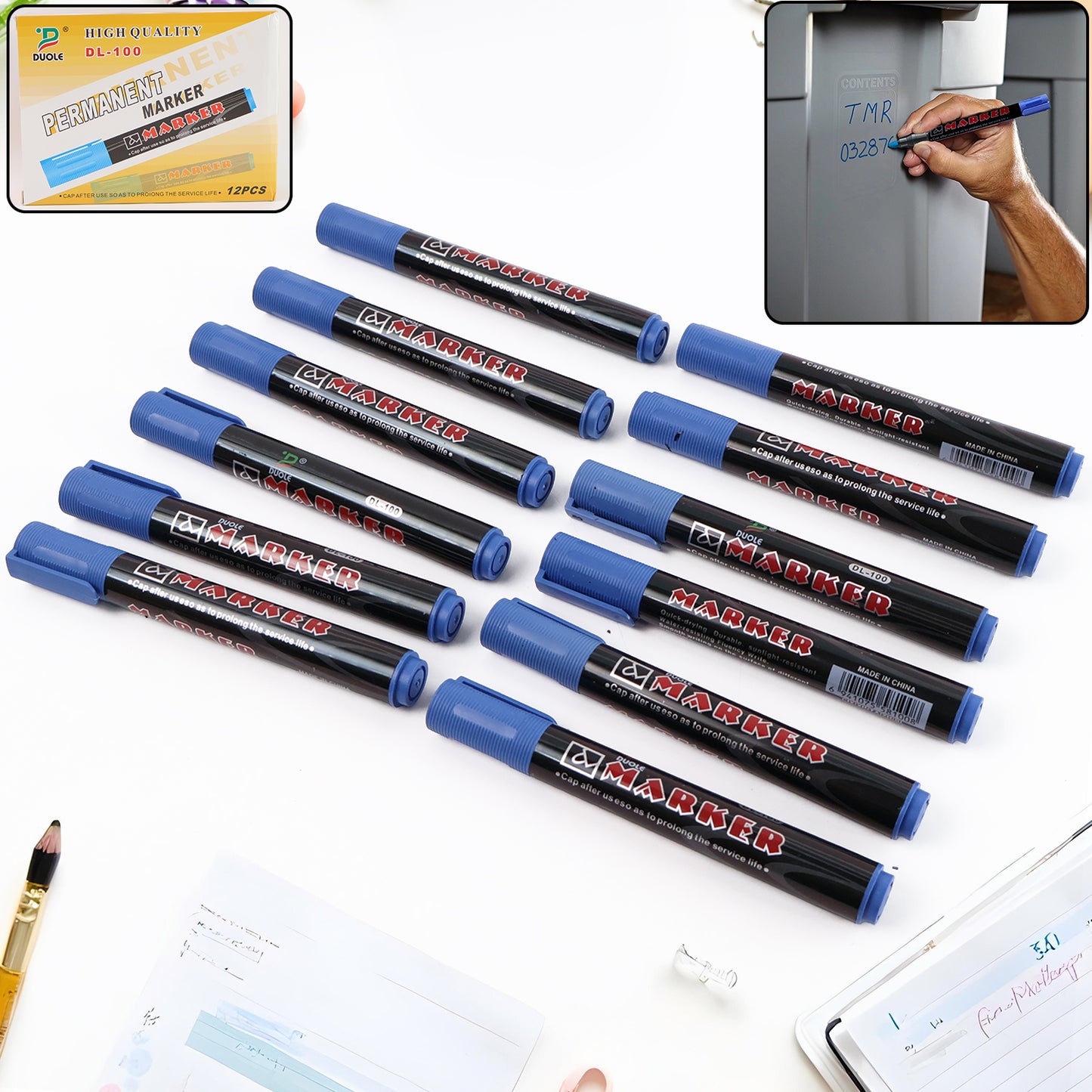 Set of 12 Wukusy premium permanent blue marker pens for office use, with fine tips for precise writing and coloring.