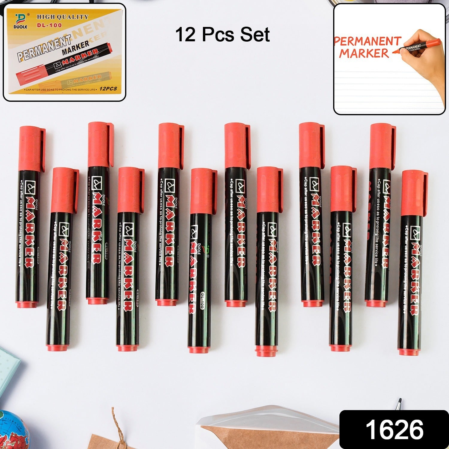 Wukusy office set of 12 premium red permanent marker pens with fine tips for writing and art projects.