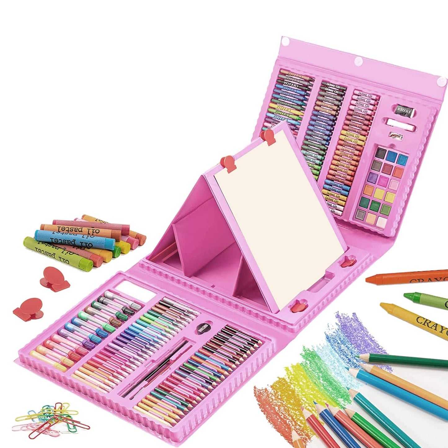 Wukusy professional art set with 208 office art supplies, including paints, brushes, and drawing tools arranged on a workspace.