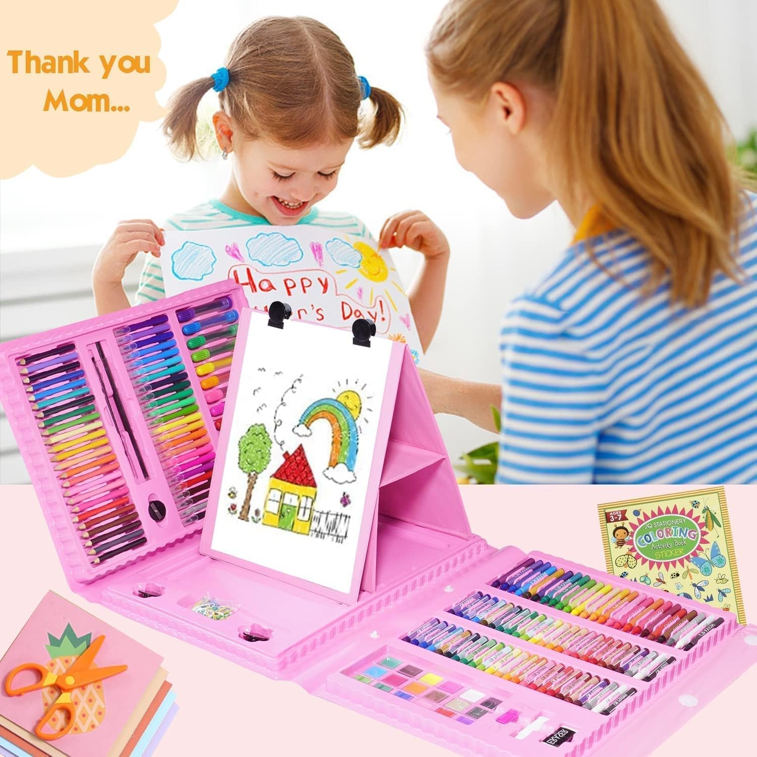 Wukusy professional art set with 208 office art supplies, including pencils, paints, brushes, and drawing tools arranged neatly.