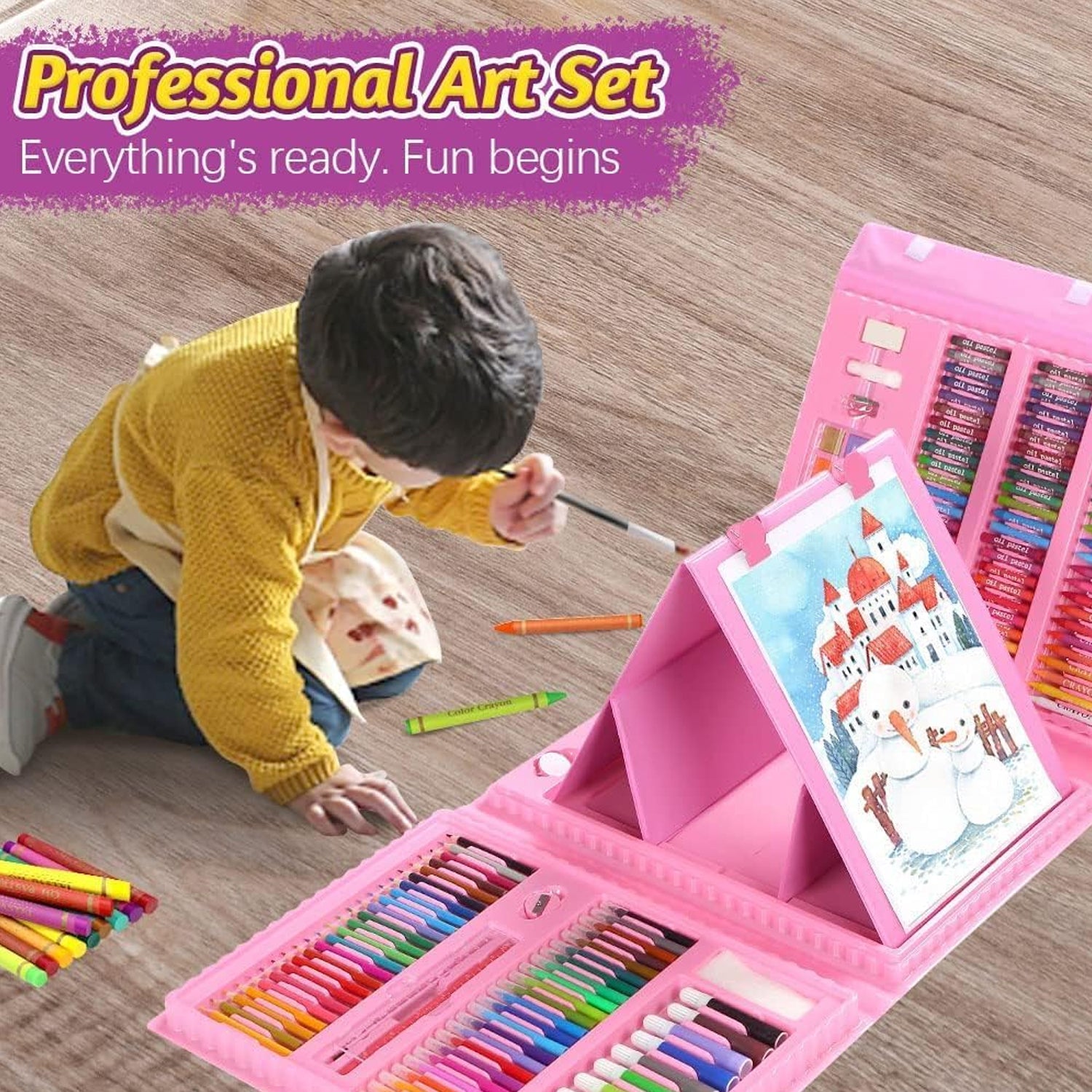 Wukusy professional art set with 208 office art supplies including pencils, brushes, and tools on a white background.