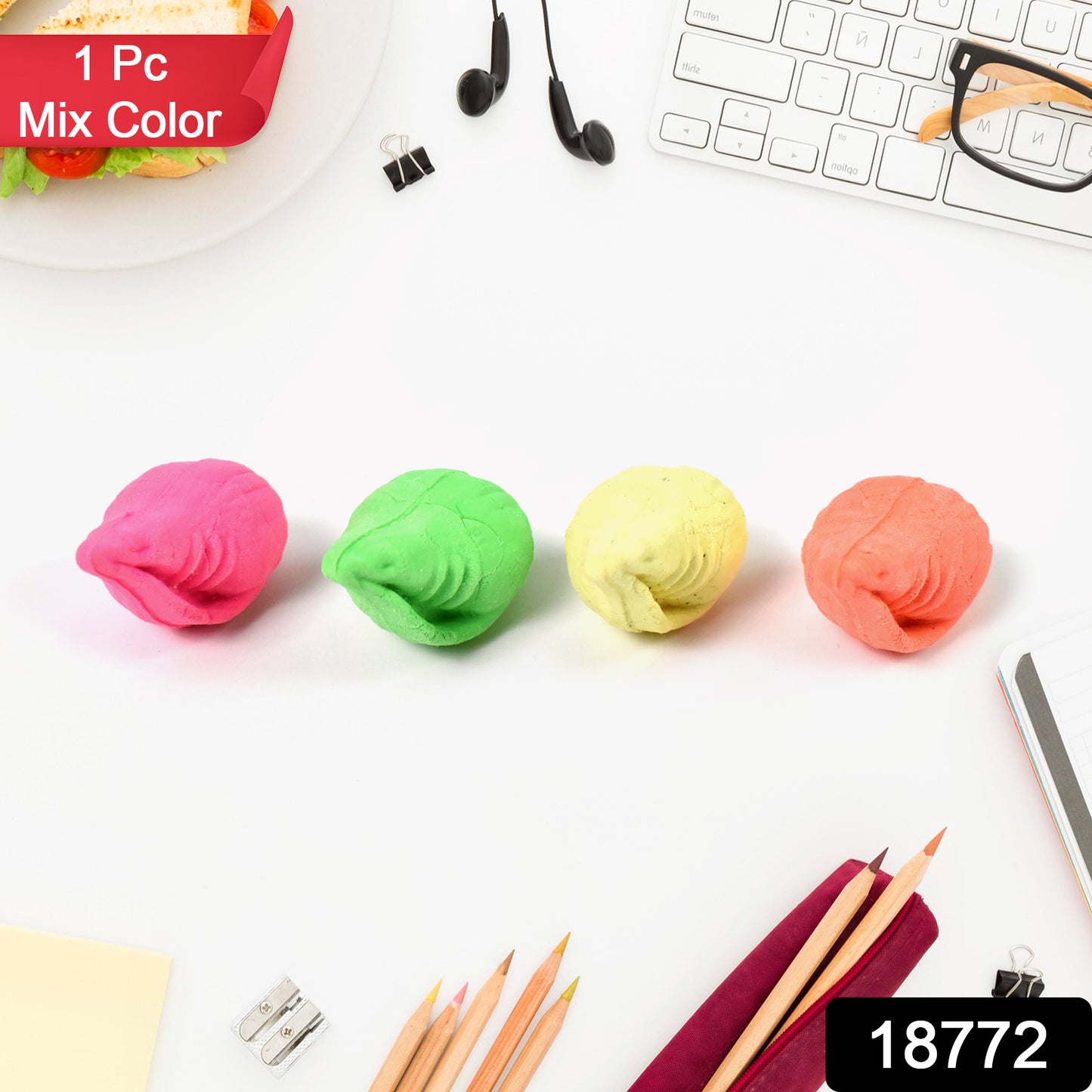 Wukusy shankh shape rubber eraser in mixed colors, designed for office use, featuring a detailed shell-like shape.