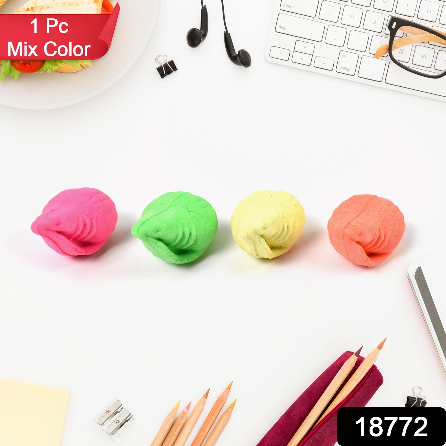 Wukusy shankh shape rubber eraser in mixed colors, designed for office use, featuring a detailed shell-like shape.
