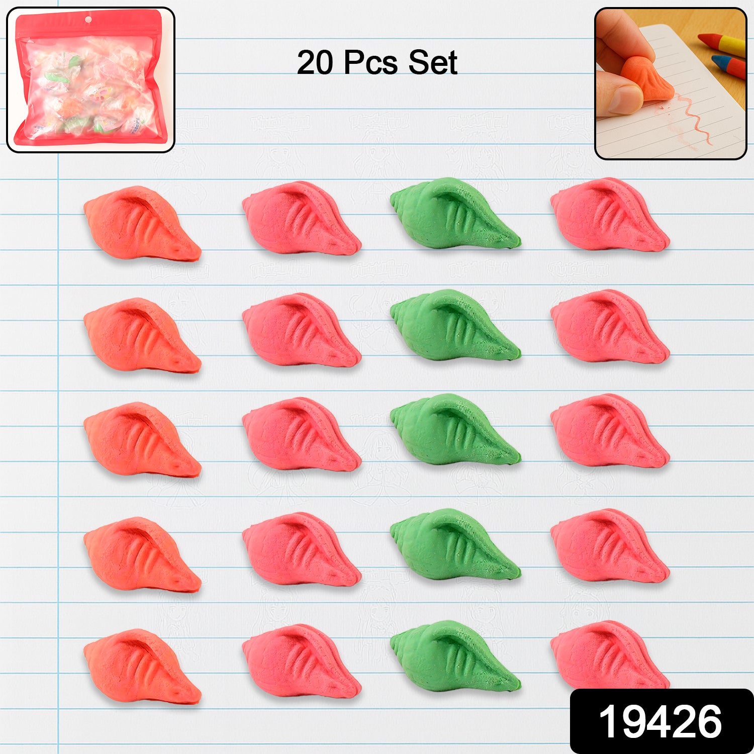 Wukusy Shankh Shape Eraser Rubber set with 20 colorful mixed design office erasers on white background.