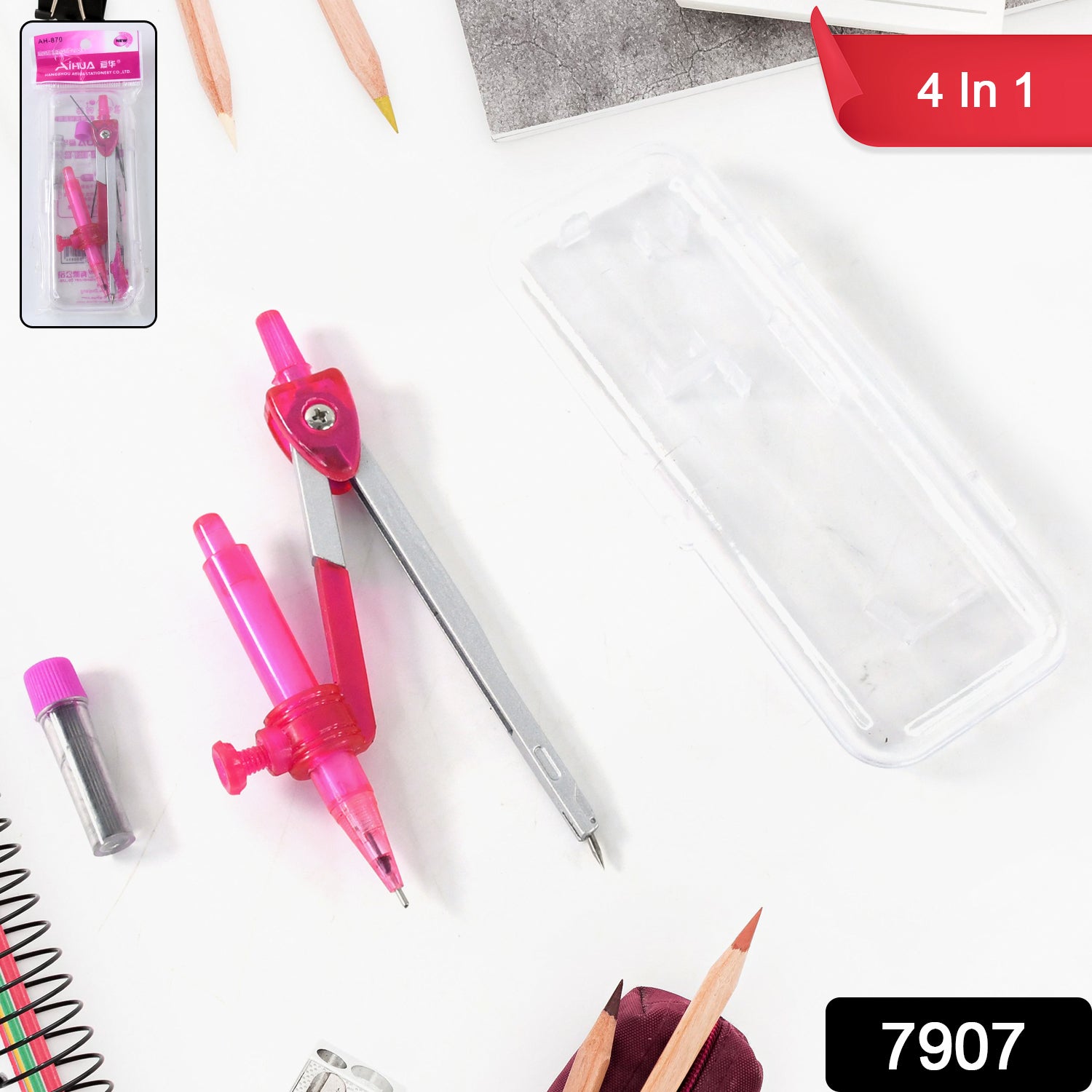 Wukusy 4-in-1 student geometry compass set with multiple tools for drawing circles and angles, ideal for classroom and office use.