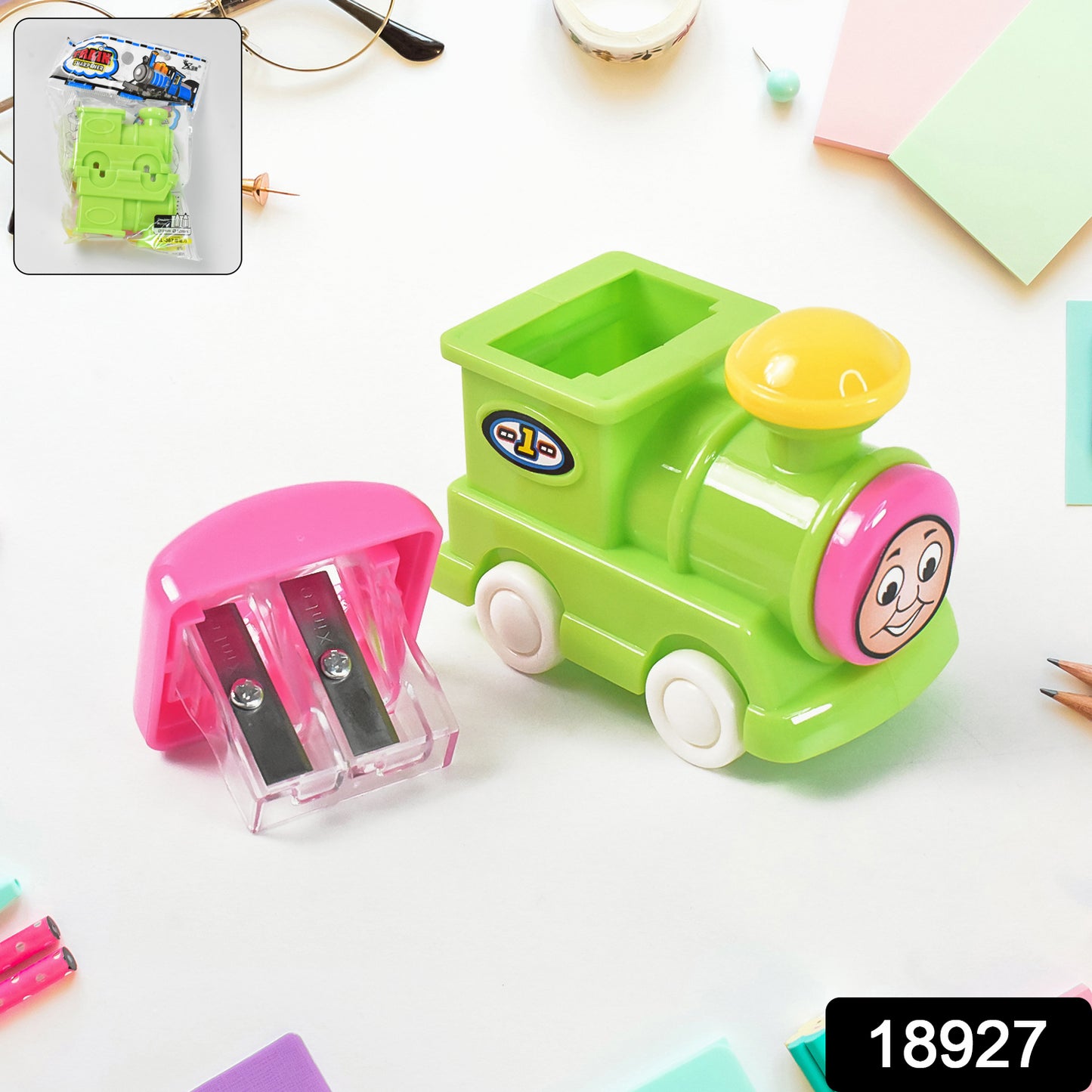 Wukusy office train double hole pencil sharpener with two sharpening sizes, compact design for easy use.