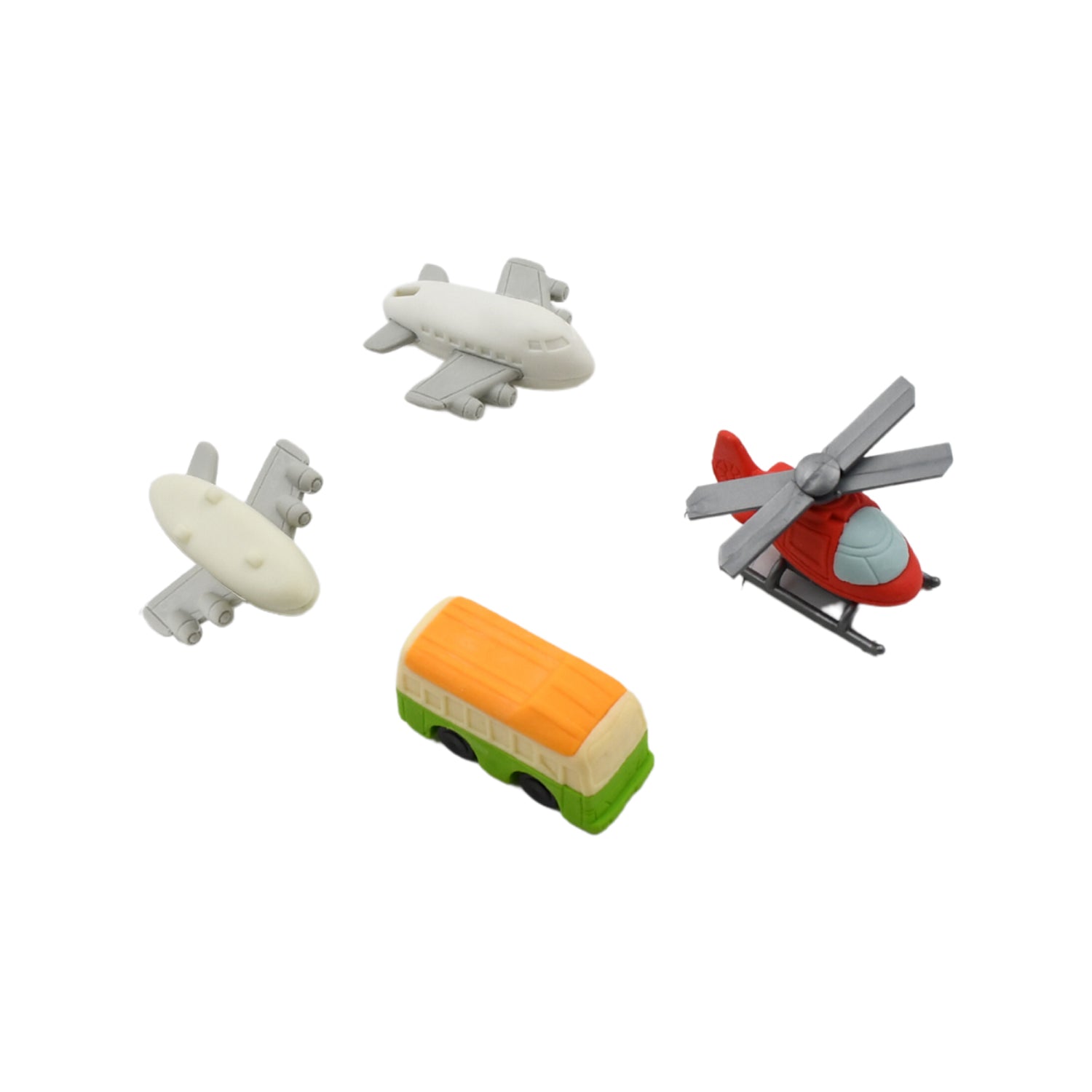 Wukusy vehicle-pattern eraser set with four colorful erasers for school stationery and classroom use, featuring fun vehicle designs.