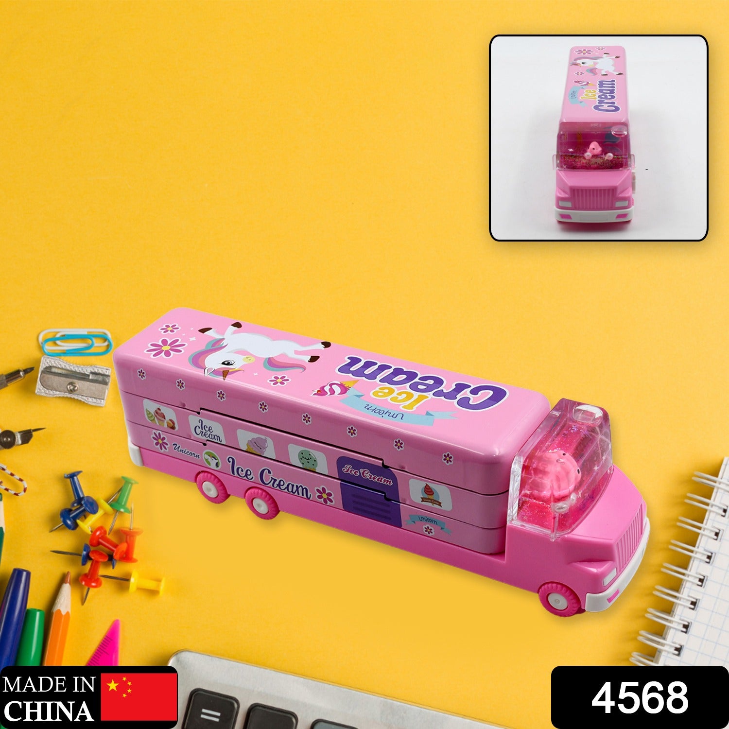 Wukusy double-decker ice cream truck pencil case with movable wheels, metal construction, and built-in sharpener, featuring colorful design.