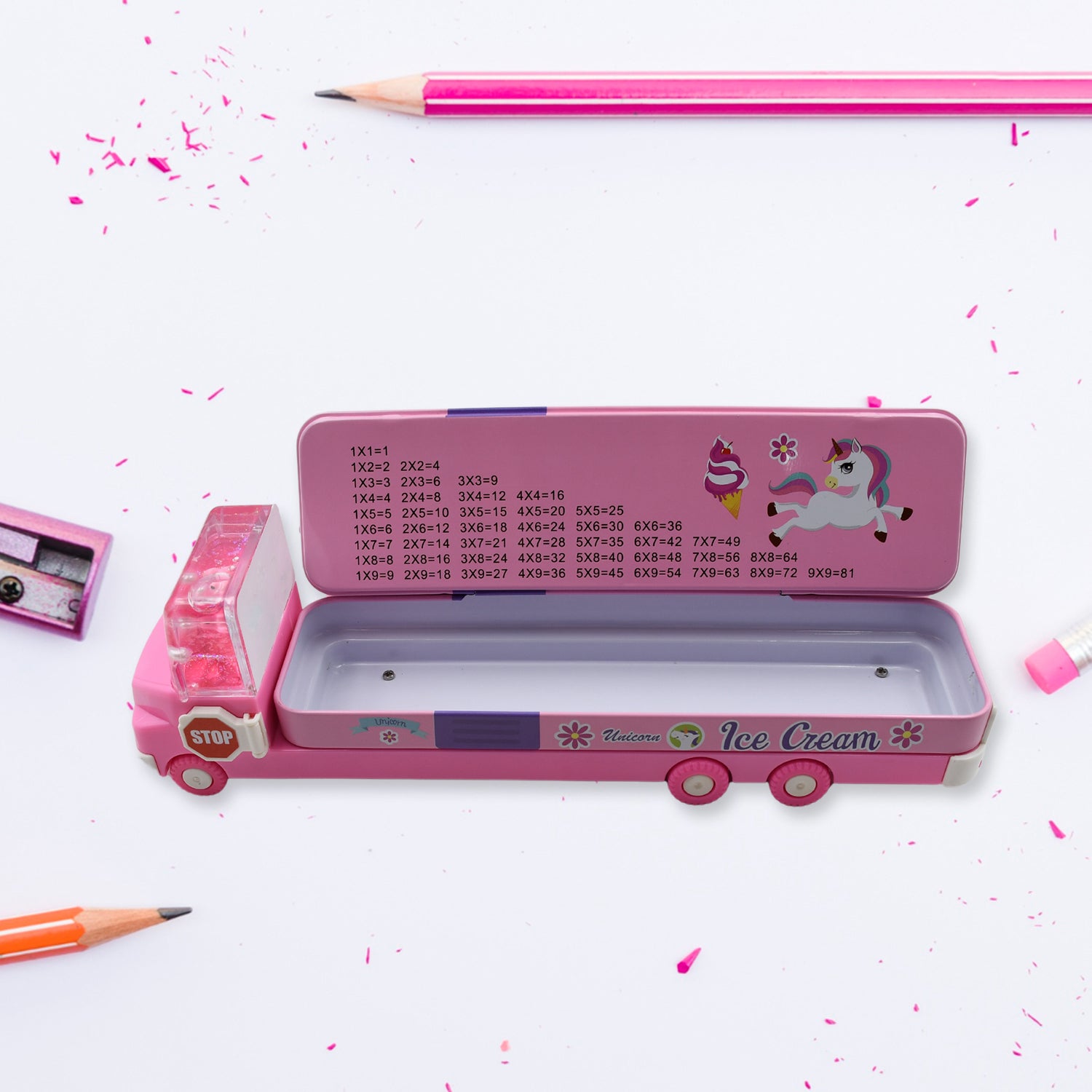 Wukusy double-decker ice cream truck pencil case with movable wheels, metal construction, and built-in sharpener, colorful and multi-level.