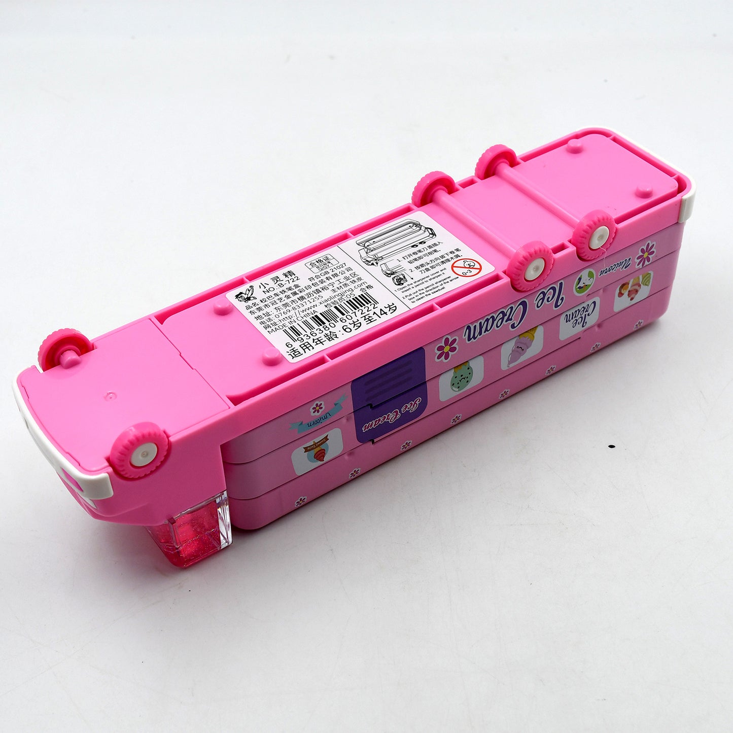 Wukusy double-decker ice cream truck compass pencil case with movable wheels and built-in sharpener, made of multi-level metal.