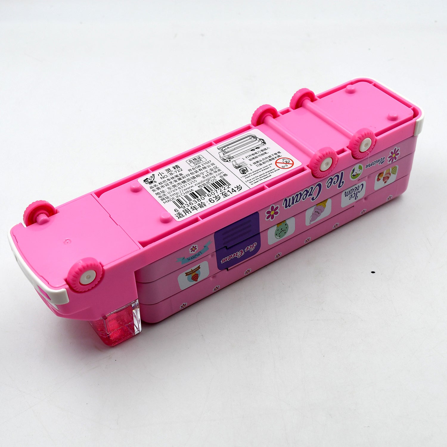 Wukusy double-decker ice cream truck compass pencil case with movable wheels and built-in sharpener, made of multi-level metal.