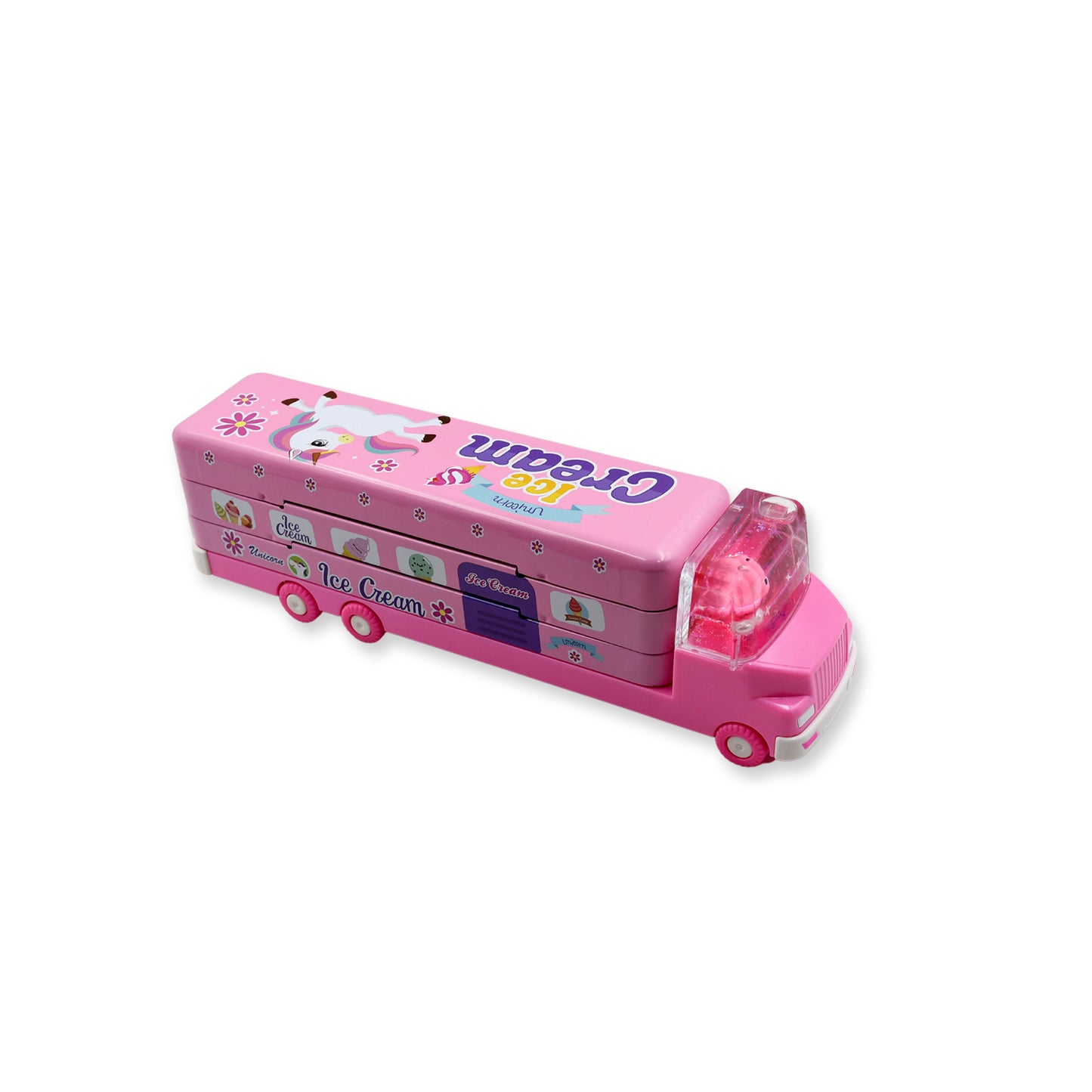 Wukusy double-decker ice cream truck pencil case with movable wheels, multi-level metal design, and built-in sharpener.