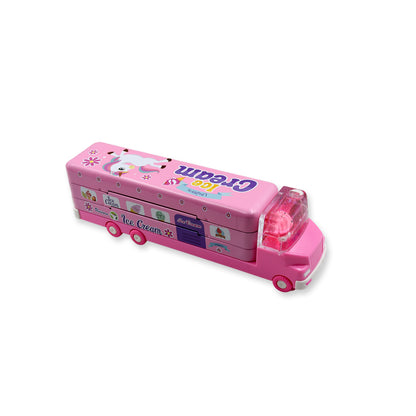 Wukusy double-decker ice cream truck pencil case with movable wheels, multi-level metal design, and built-in sharpener.