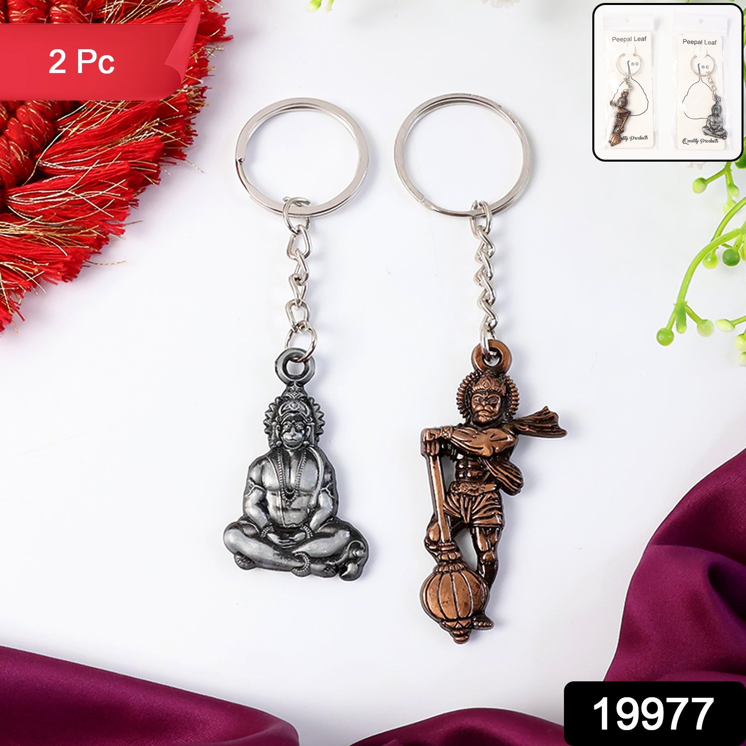 Wukusy Hanuman metal keychain set with two mix design keychains featuring detailed Hanuman figure and traditional motifs.