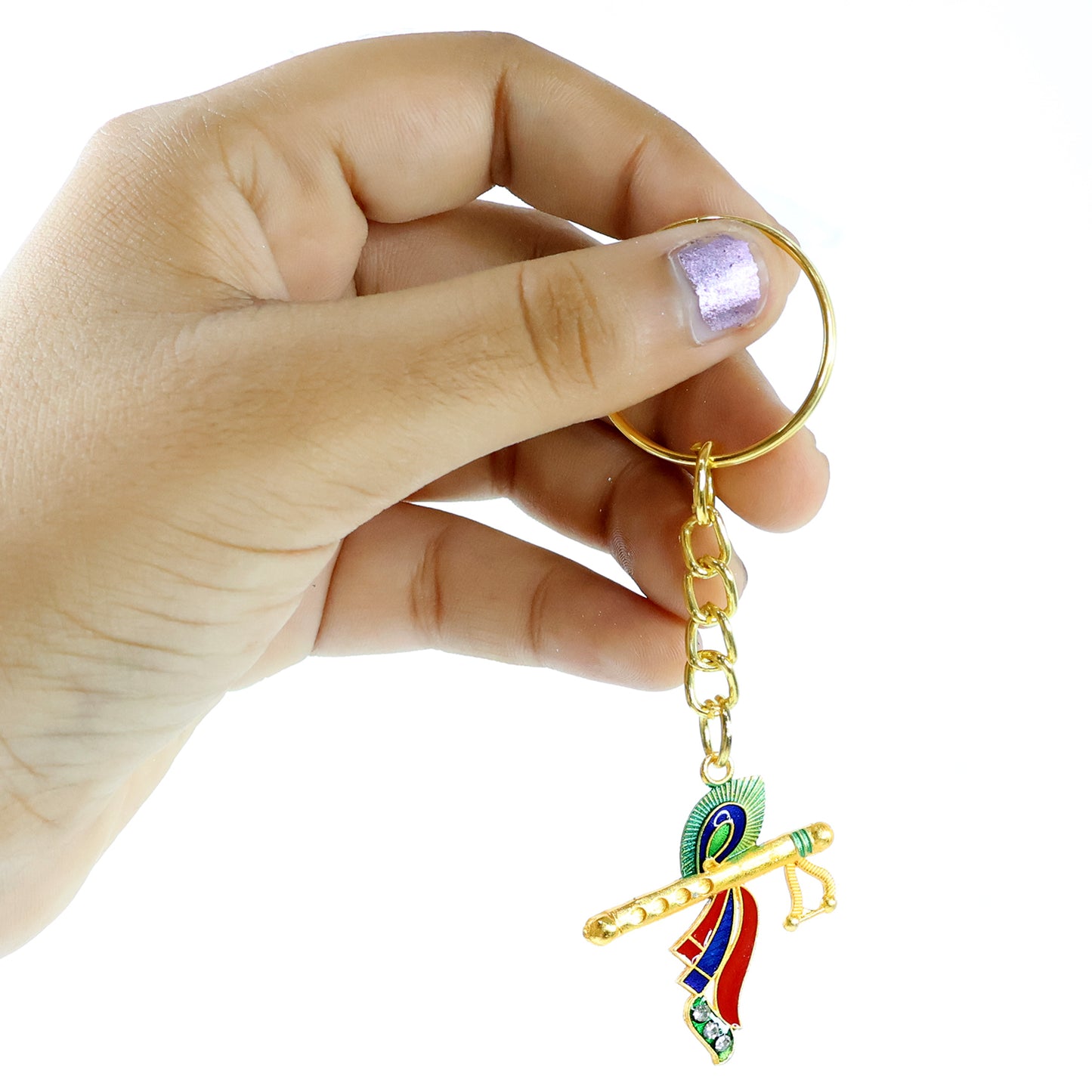 Wukusy Krishna flute keychain with peacock feather design, featuring intricate details and a small gold-colored Krishna flute charm.