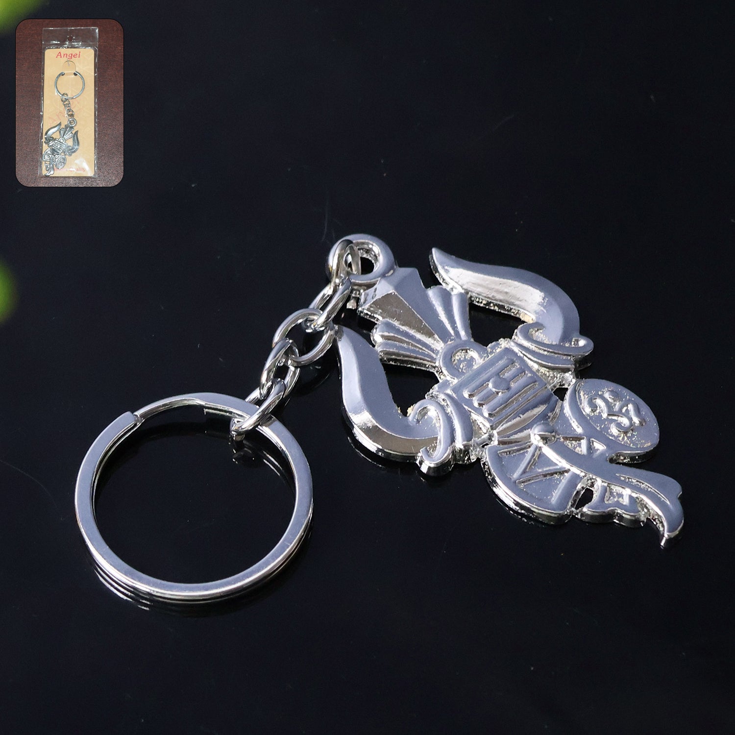 Wukusy Mahakal Trishul metal keychain set with two mix design keychains, featuring intricate Mahakal Trishul motifs.