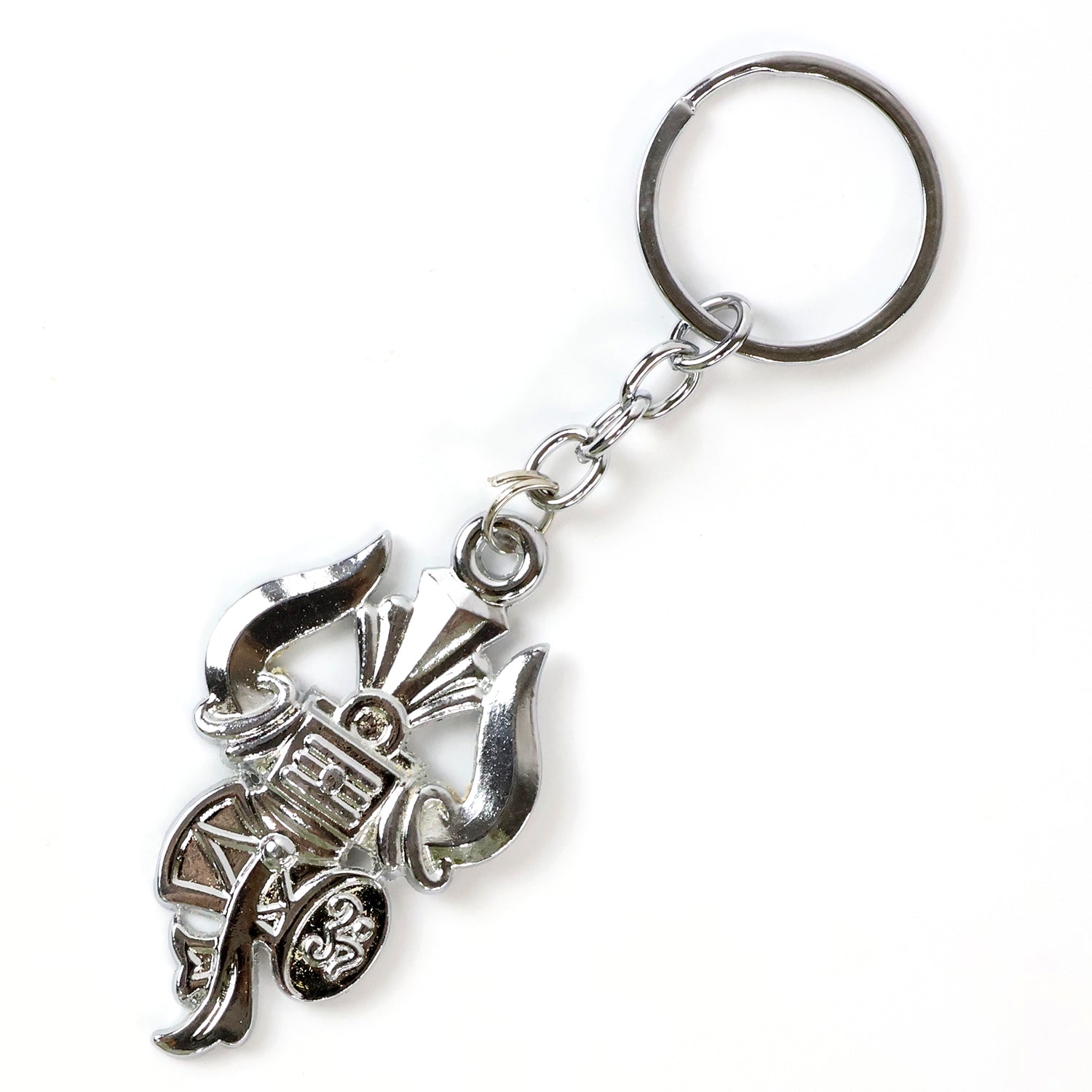 Wukusy Mahakal Trishul metal keychain set with two mix design keychains, featuring intricate Hindu trishul symbols.