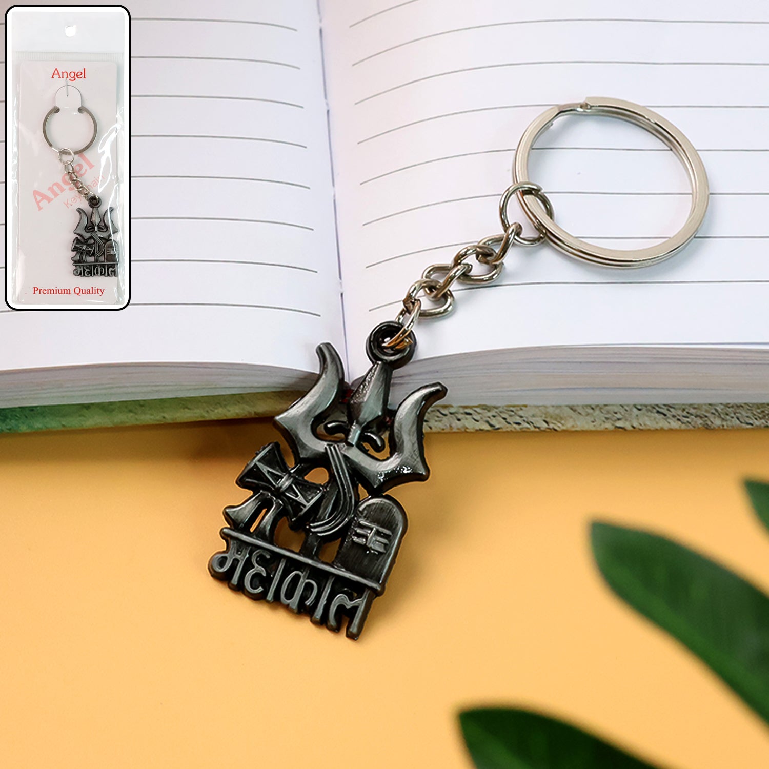 Wukusy Mahakal Trishul metal keychain set with two mix design keychains, featuring traditional Hindu symbols and intricate details.
