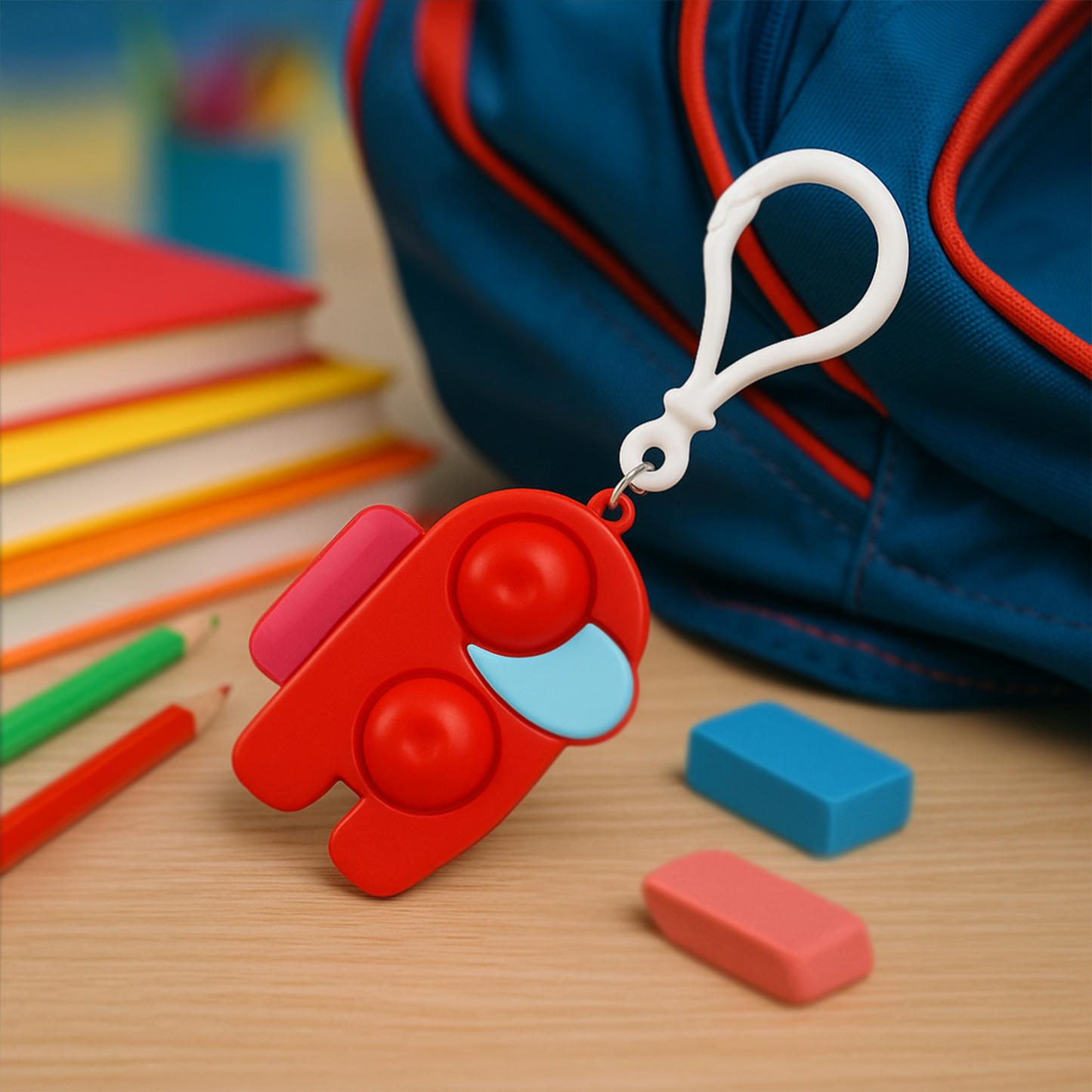 Wukusy Pop-it Fidget Keychain Toy in mixed colors, small plastic keychain with soft, pushable bubbles for stress relief or fun.