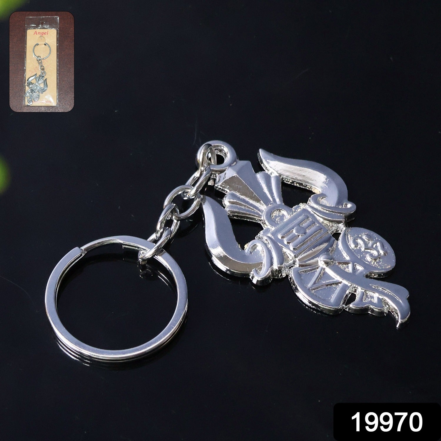 Silver keychain featuring Trishul, Damru, and Shiv symbol from Wukusy, showcasing intricate religious design.