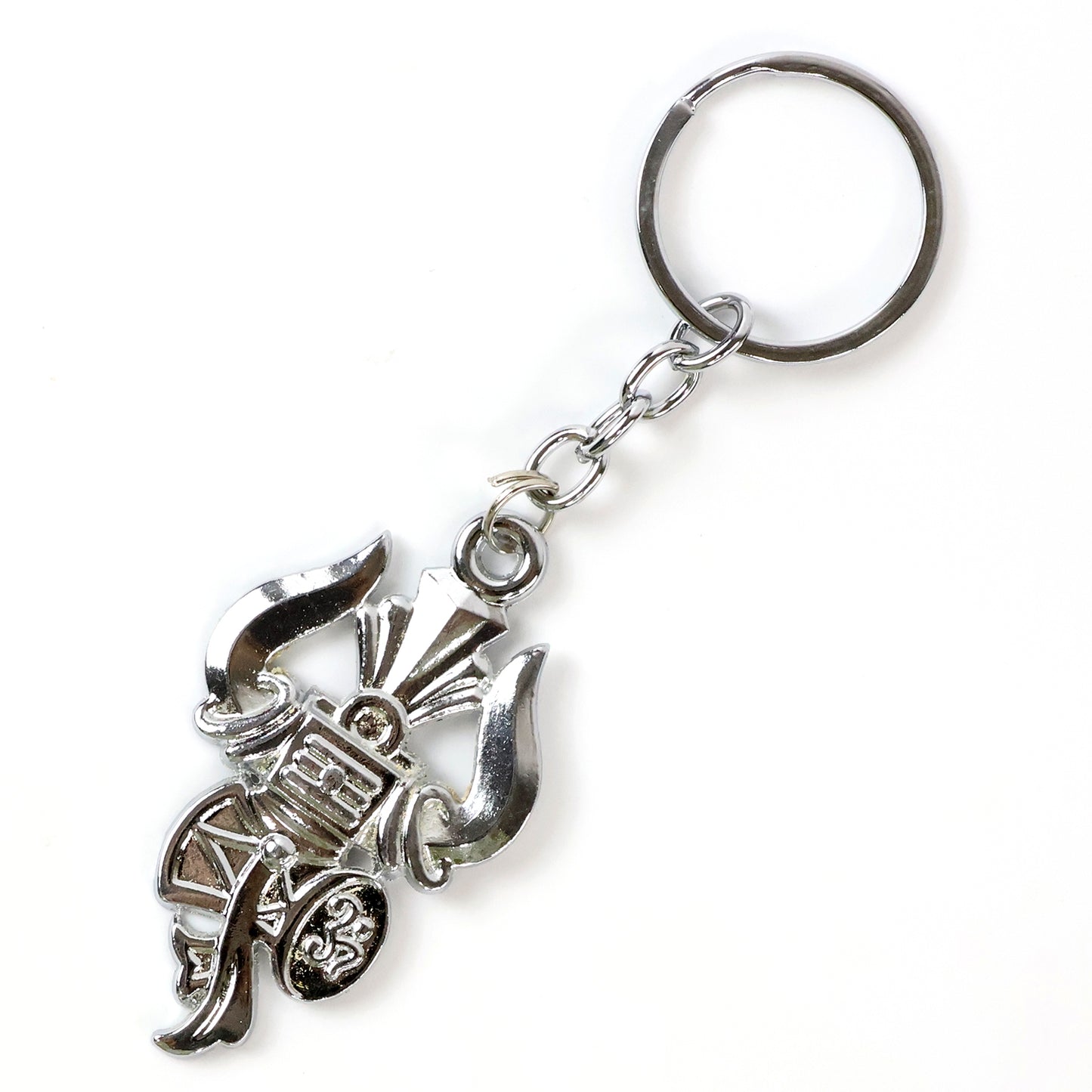 Silver keychain featuring Trishul, Damru, and Shiv symbol by Wukusy, showcasing intricate religious motifs on a keyring.