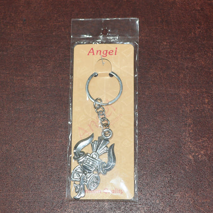 Silver keychain featuring Trishul, Damru, and Shiv symbol by Wukusy, crafted for spiritual symbolism and everyday use.