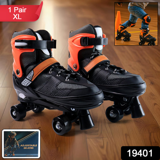 Pair of Wukusy XL adjustable quad roller skates for sports, featuring sturdy construction and colorful wheels for outdoor skating.