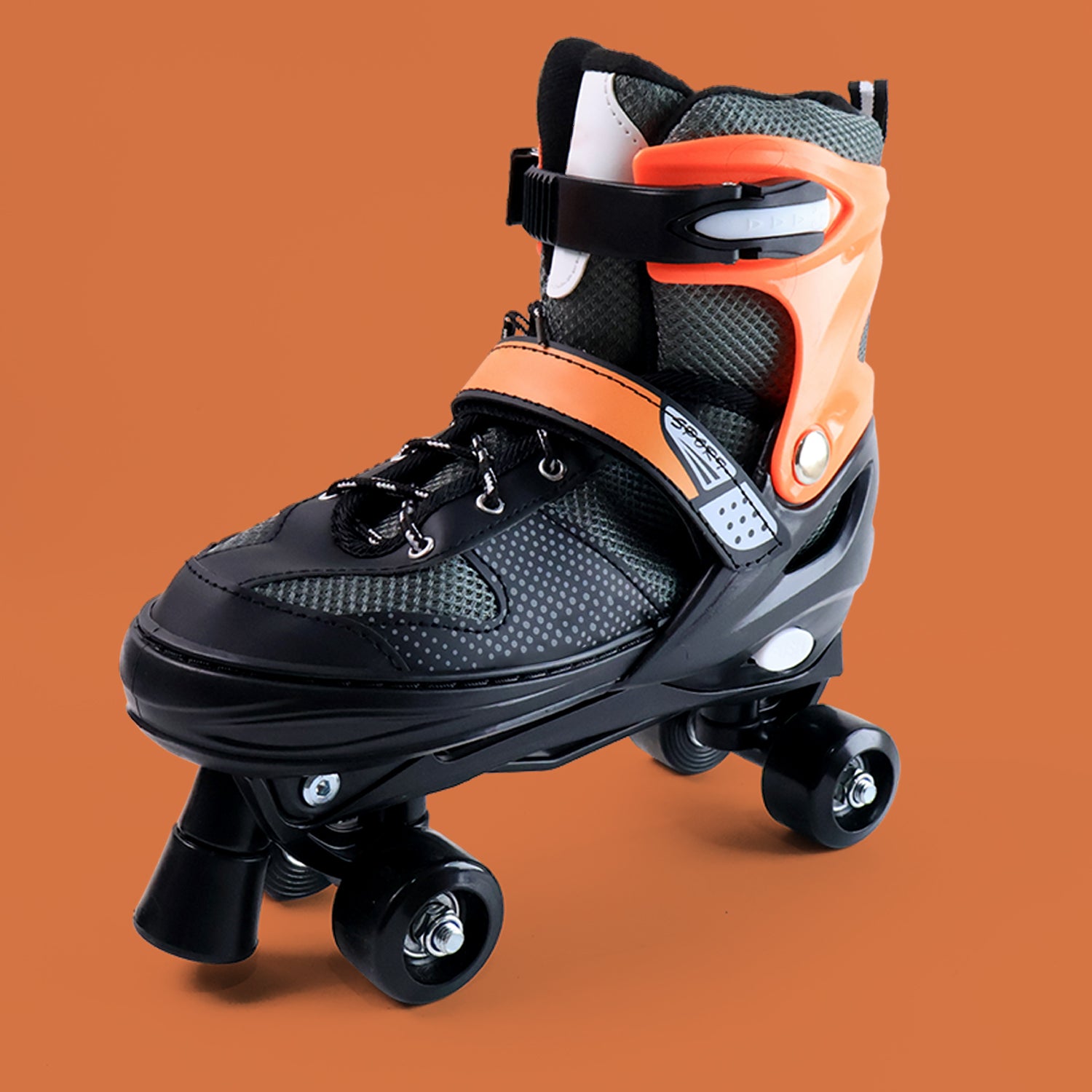 Pair of Wukusy sports quad roller skates with adjustable size, featuring sturdy wheels and classic design for outdoor skating.